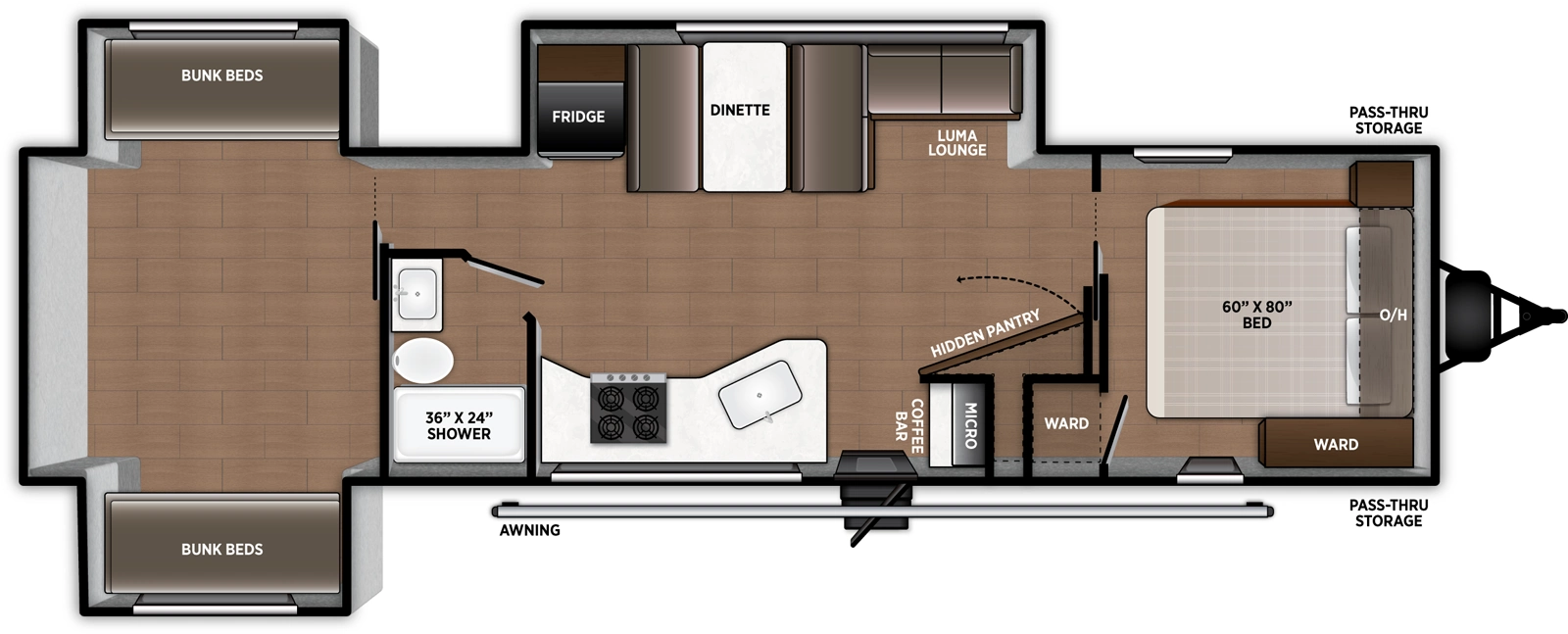 The Airelume 315 floorplan has one entry and three slide outs. Exterior features include: metal exterior. Interiors features include: bunk beds and front bedroom.
